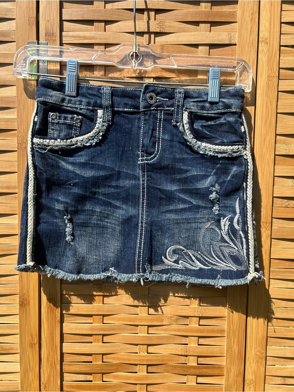 🔥3/$8-Girls' Dark Blue Denim Embroidered Skort with Braided Trim
